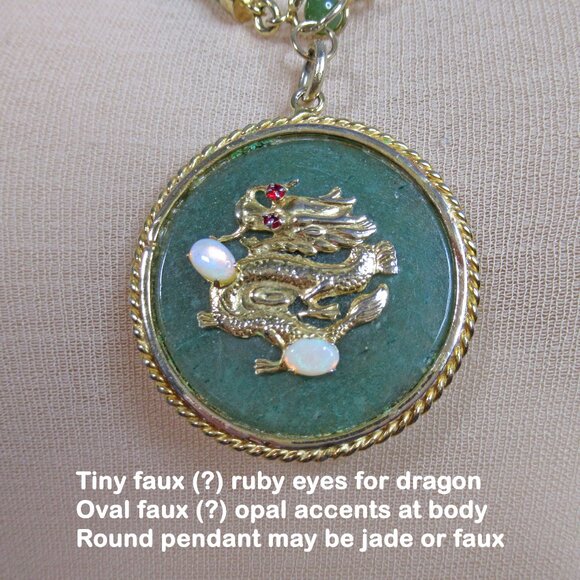 VTG Asian dragon pendant, Double strand necklace, Faux jade, opal, ruby w/ gold - Picture 2 of 12